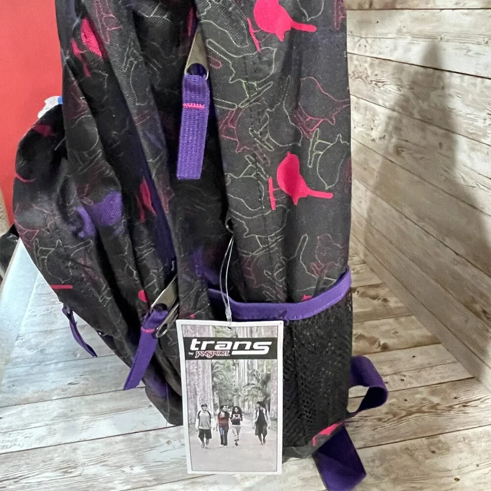 Trans By Jansport 36L Large Supermax School Black Pink Purple Bird Backpack NWT